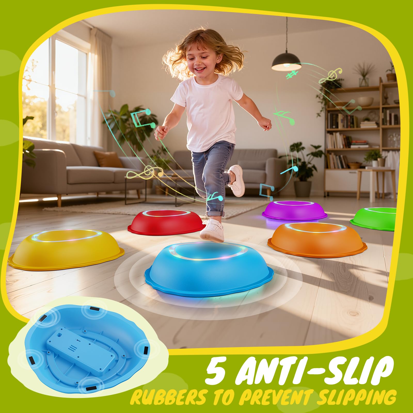 Scvcid stepping stones rest on five non-slip bases for safer jumping.