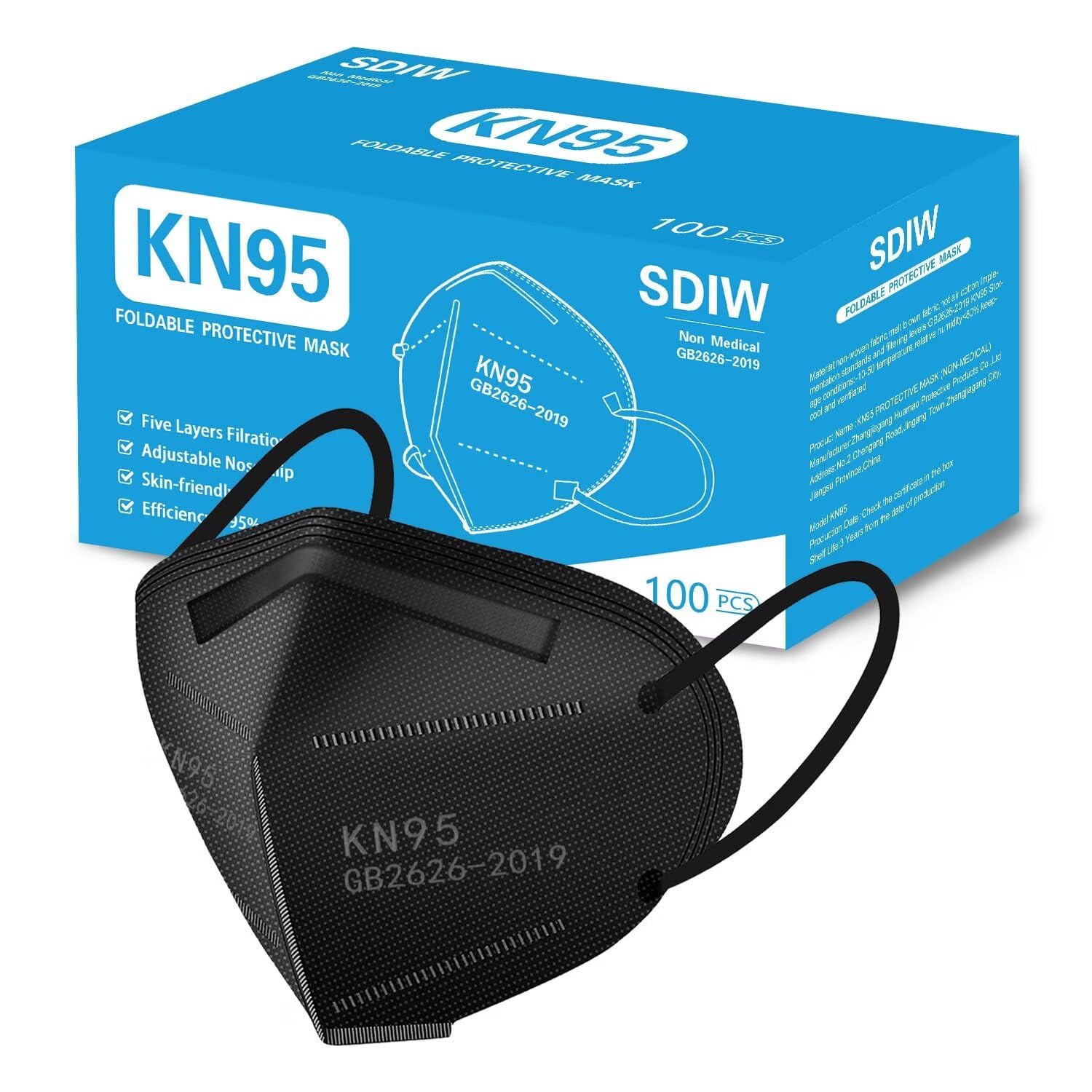 SDIW KN95 mask front view with 5-layer design for daily filtration.