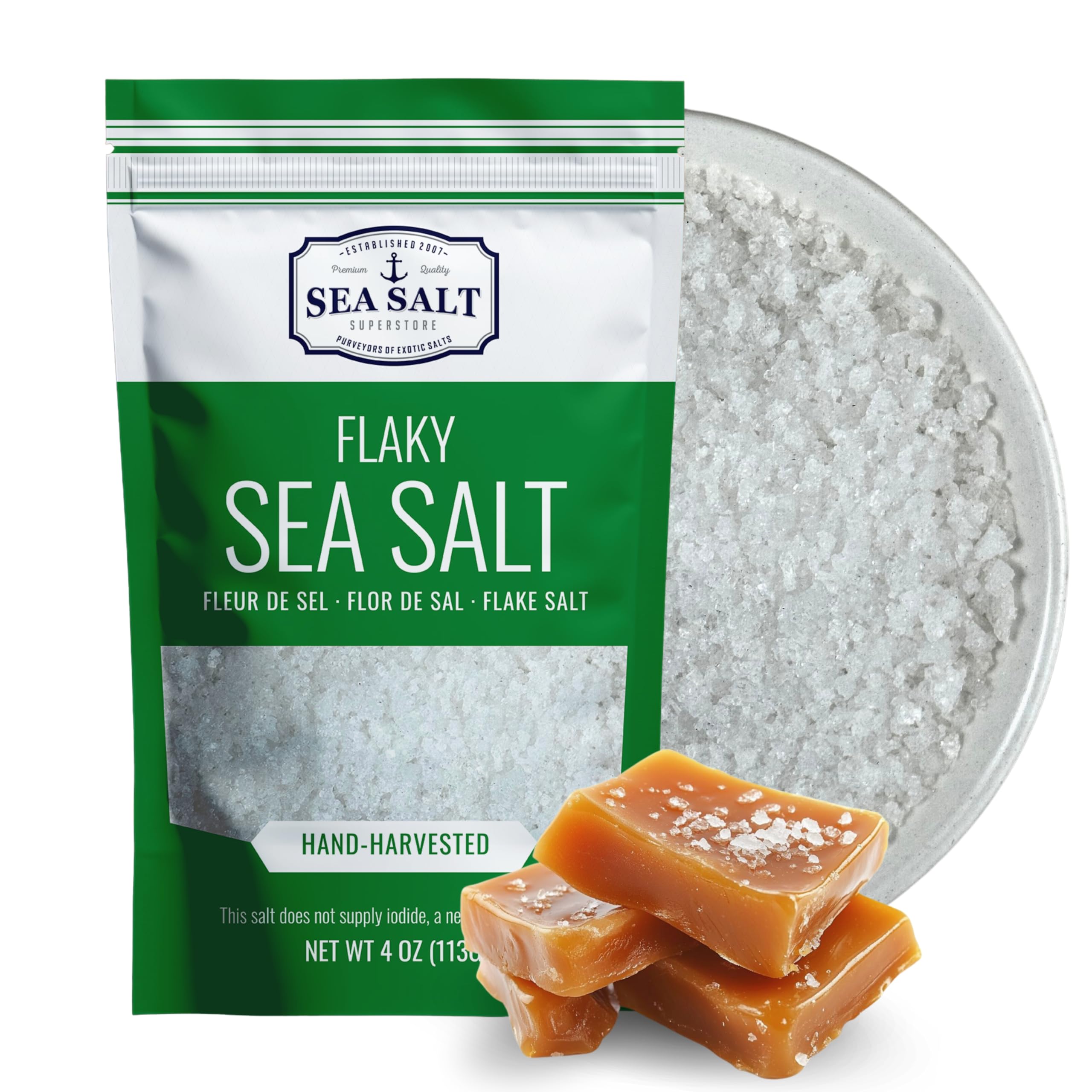 Sea Salt Superstore Baja Fleur de Sel grain crystals glisten for finishing dishes.