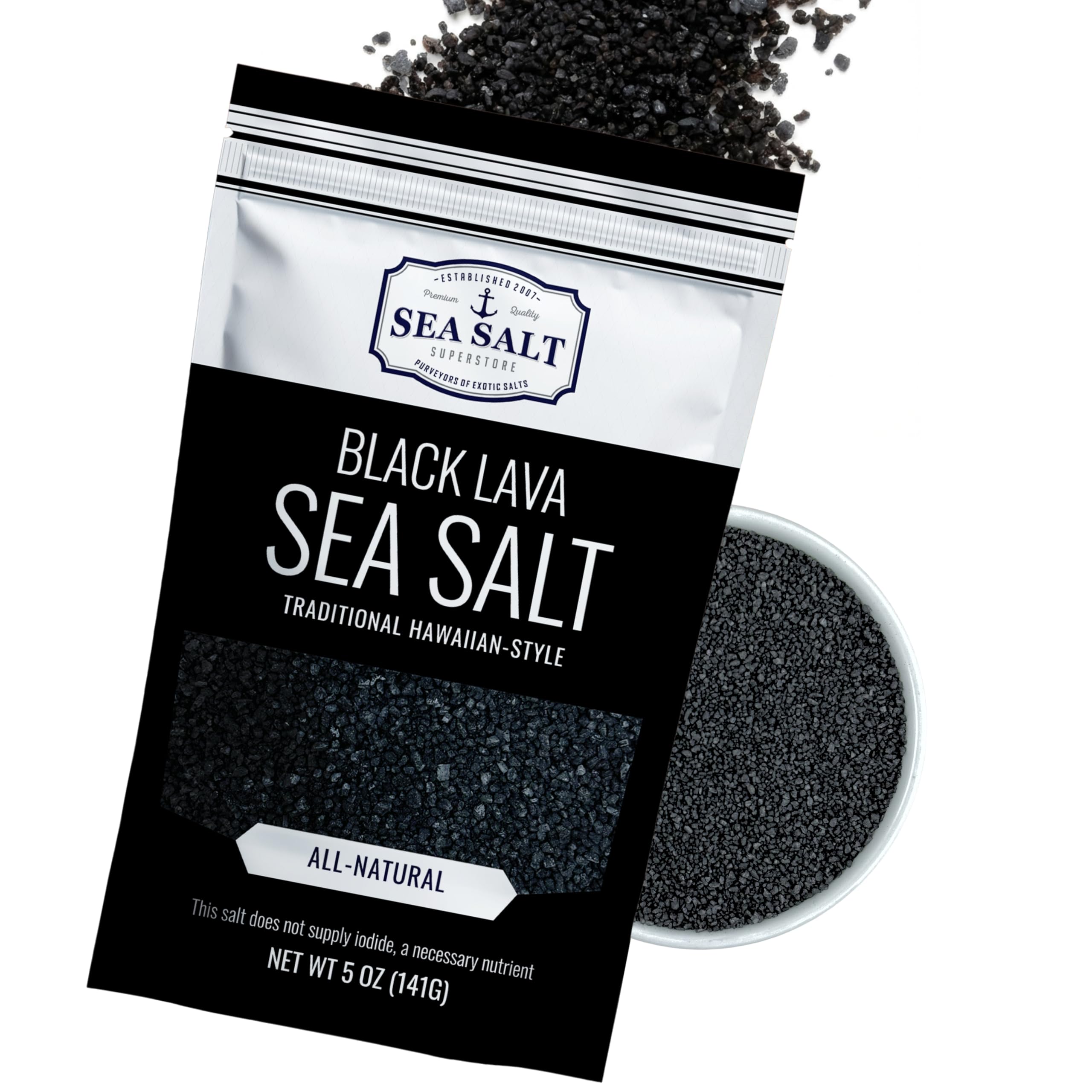 Sea Salt Superstore Black Lava Charcoal bottle showing versatile finishing salt