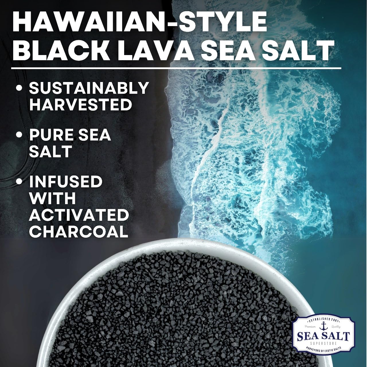 Coarse crystals of Black Lava Hawaiian Salt enhancing colorful vegetables.