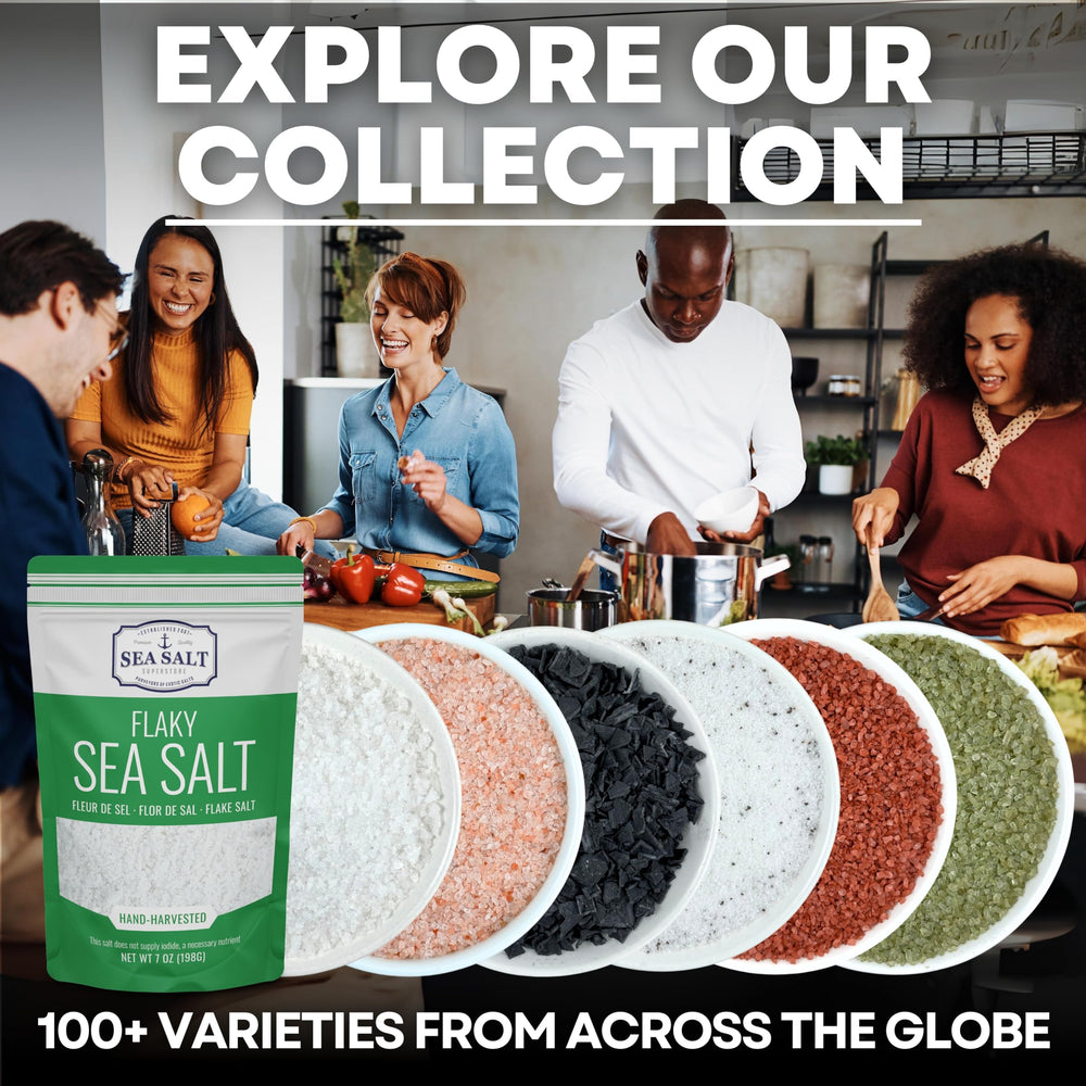 Kitchen setup featuring Sea Salt Superstore salt jar for versatile cooking.