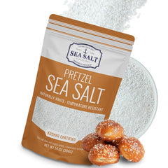 Sea Salt Superstore pretzel salt bag on counter, ideal for baking pretzels.