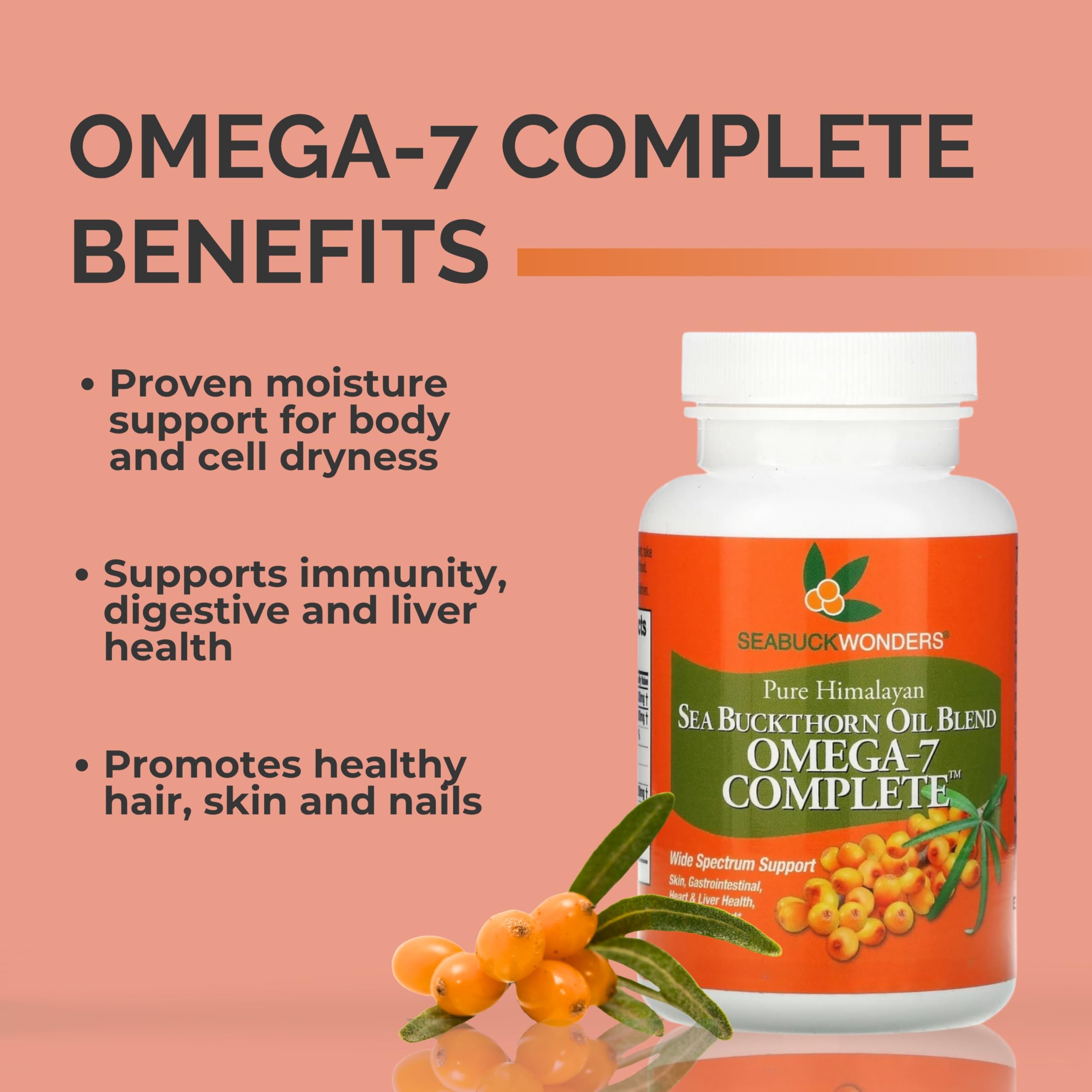 SeabuckWonders omega-7 softgels deliver a balanced omega profile for daily wellness.