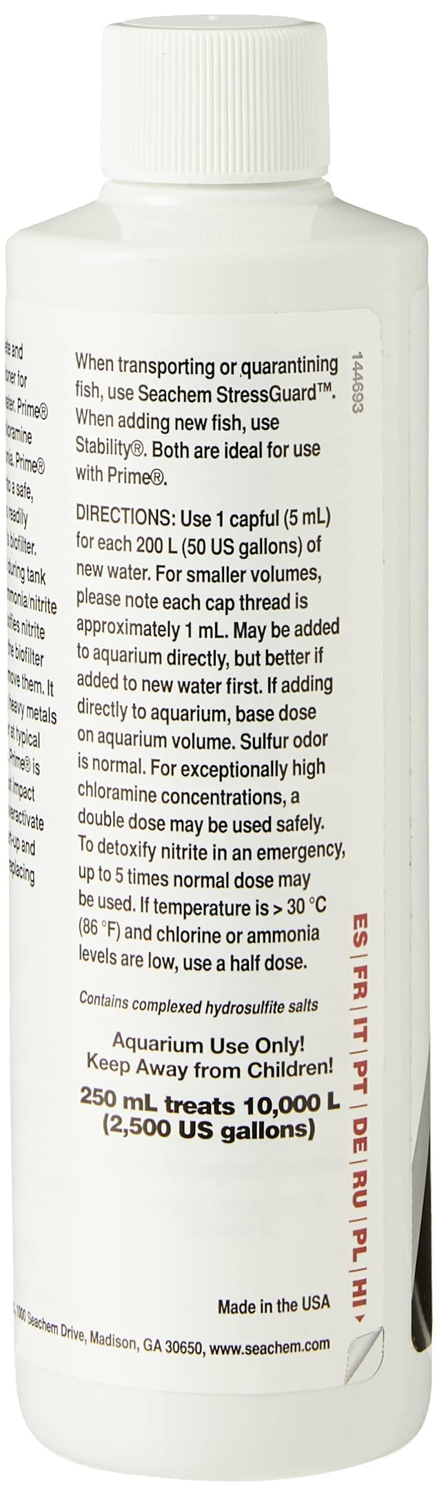 Seachem Prime dosing instructions graphic for 200 L water