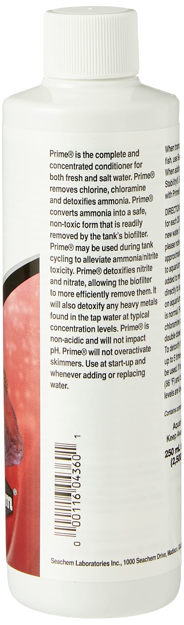 Seachem Prime label close-up showing usage directions
