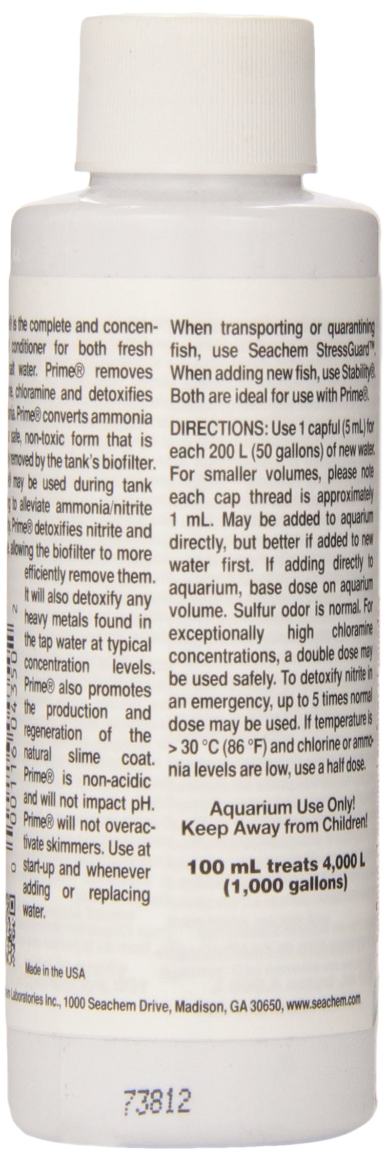 Seachem Prime label close up highlighting usage and ingredients.