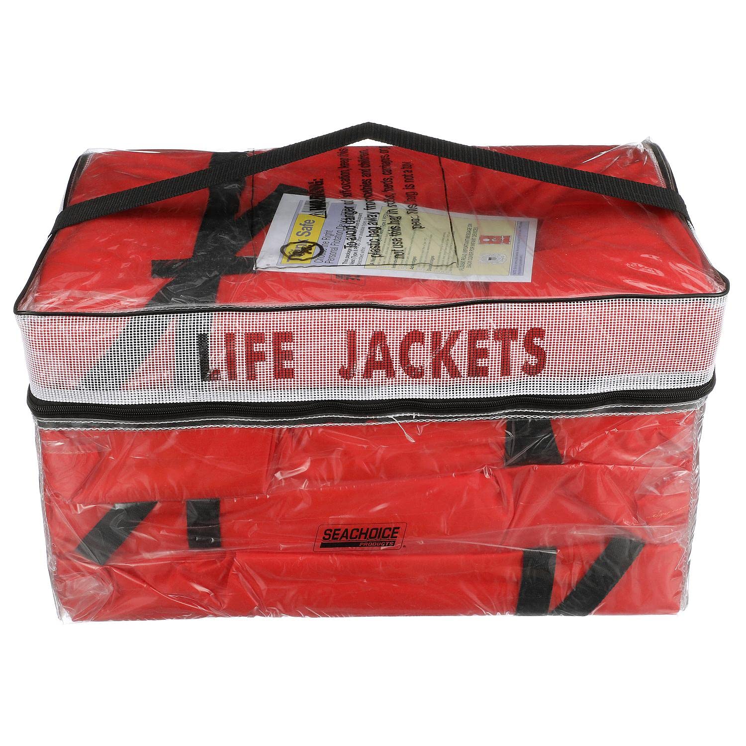 SEACHOICE life vest Type II orange adult 4-pack in a clear bag for easy storage and fast access.