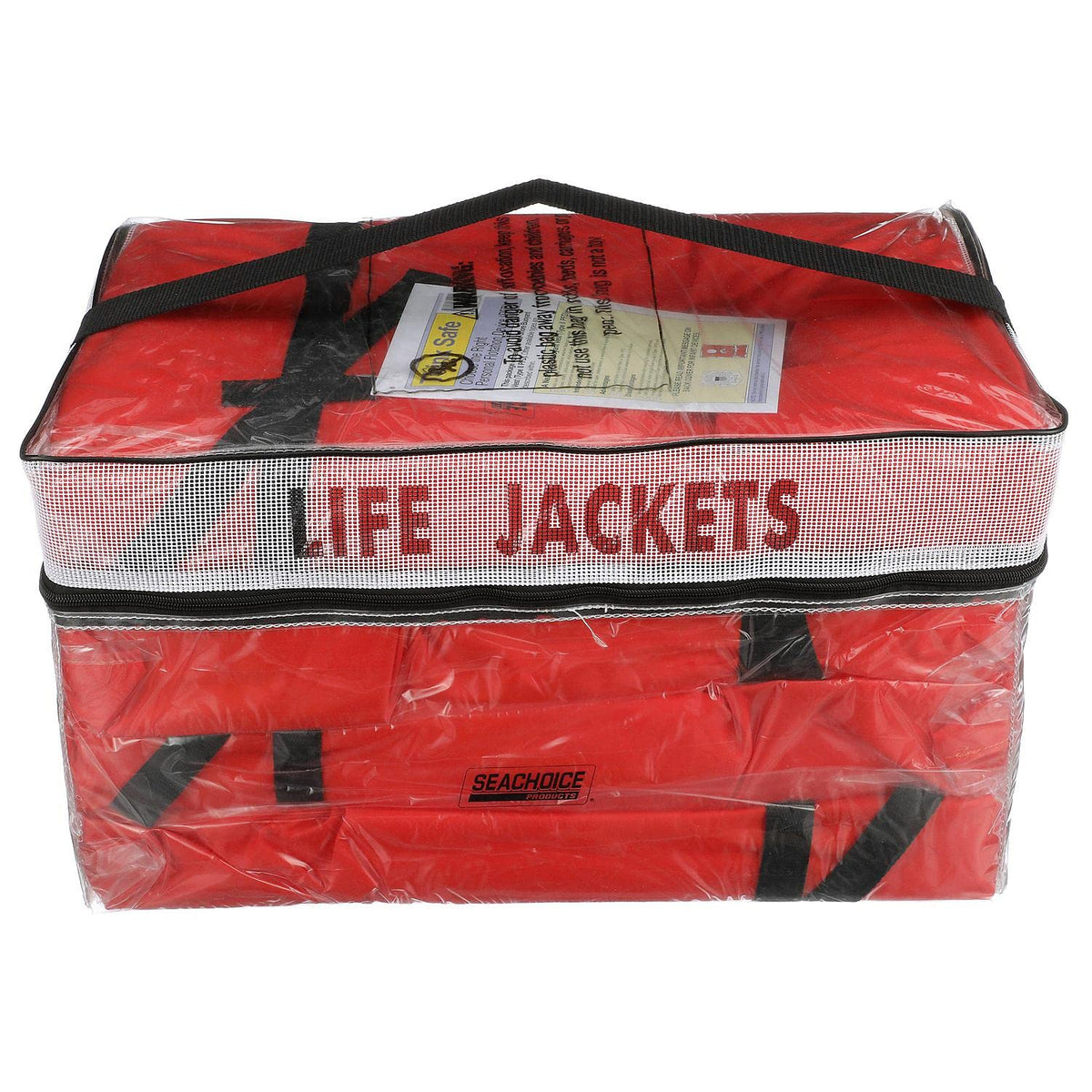 SEACHOICE life vest Type II orange adult 4-pack in a clear bag for easy storage and fast access.