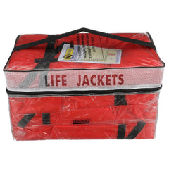 SEACHOICE life vest Type II orange adult 4-pack in a clear bag for easy storage and fast access.