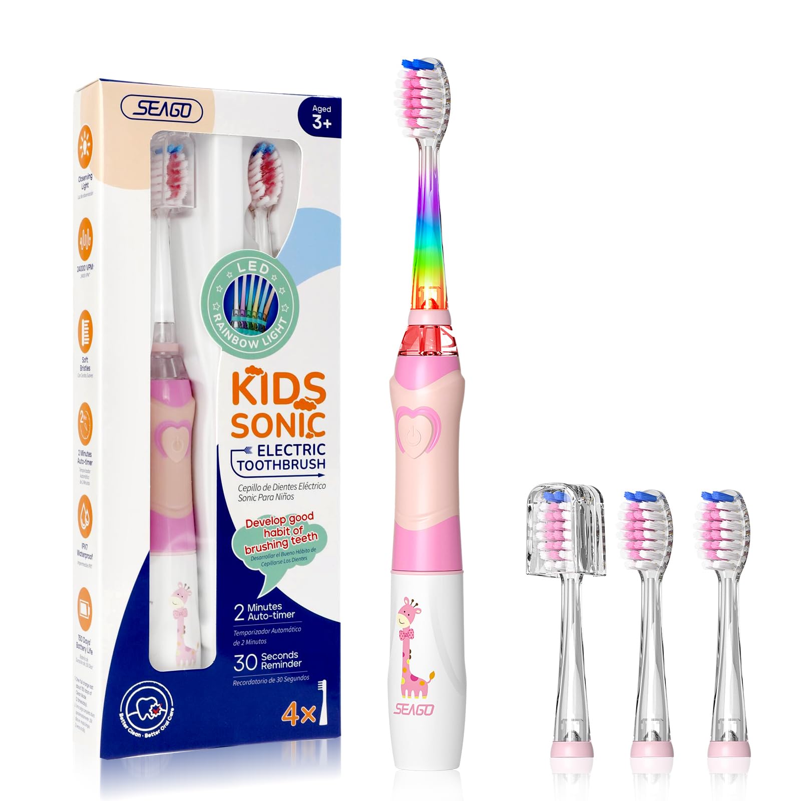 SEAGO kids toothbrush with pink handle promotes fun, easy brushing.
