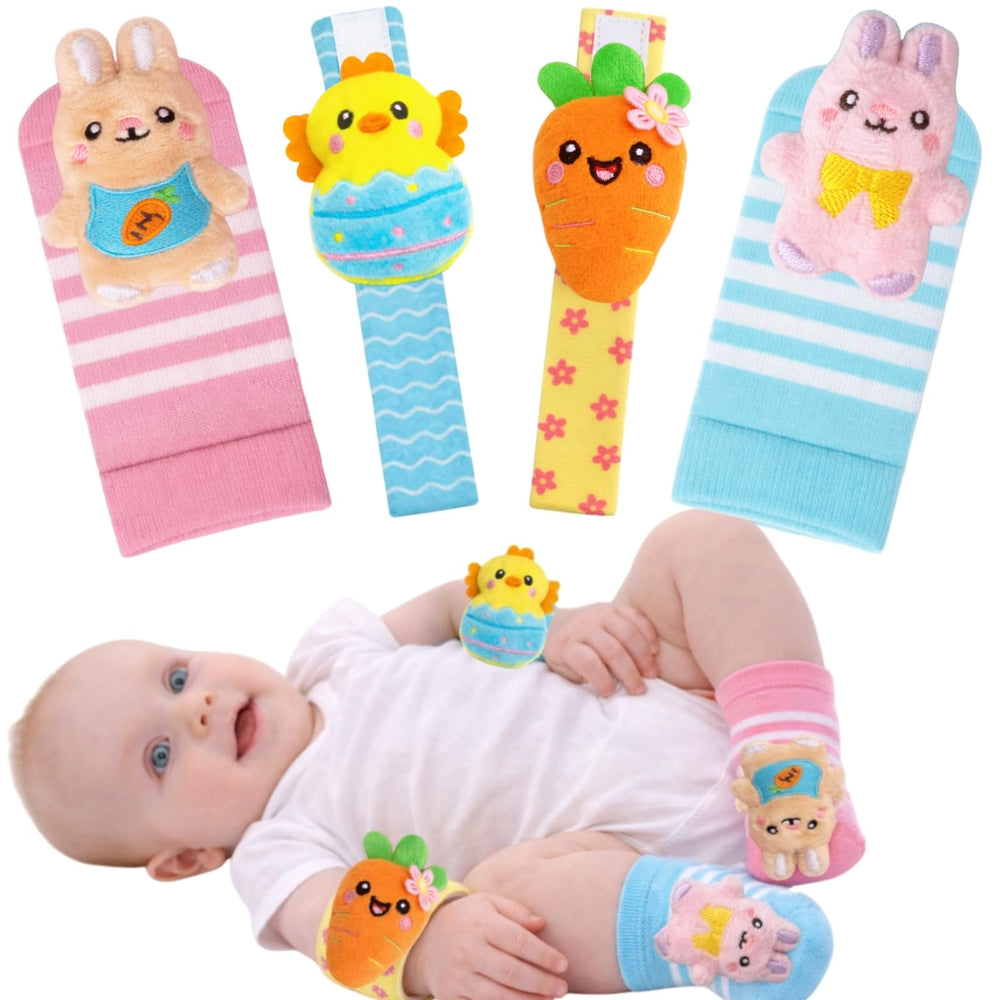 Sean's Choice Easter chick wrist rattle enhances newborn sensory play.