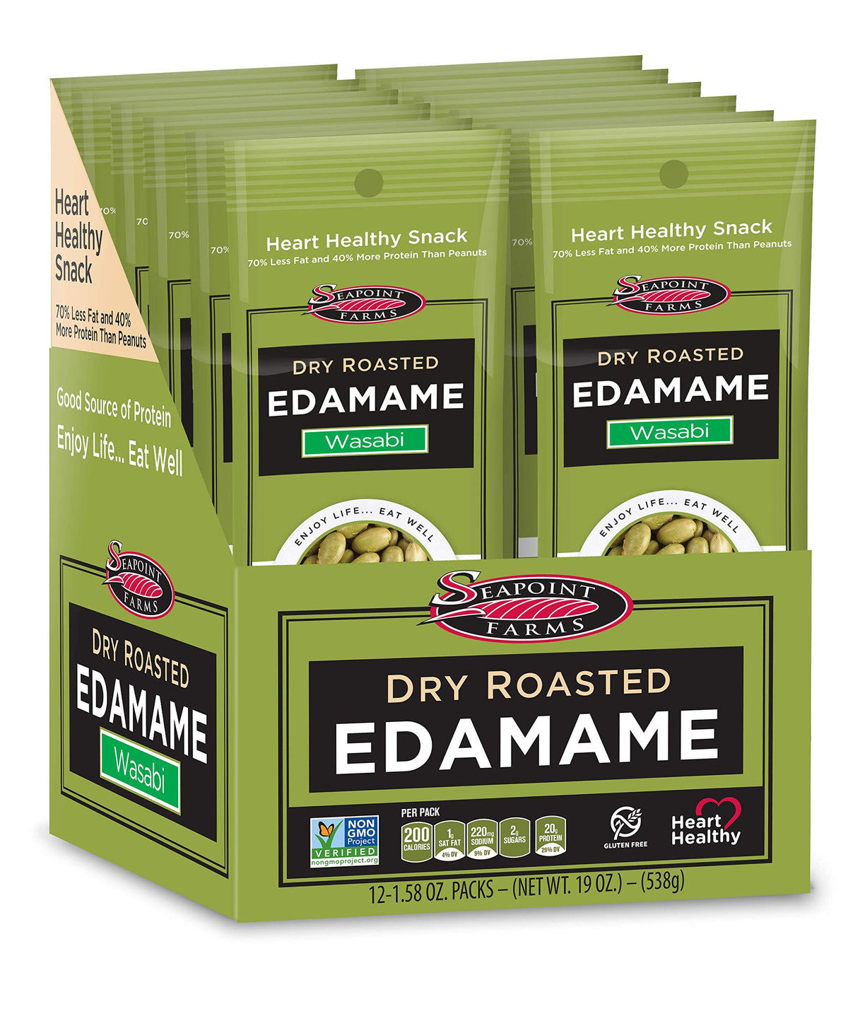 Seapoint Farms wasabi edamame pack showing protein-packed snack