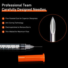 Searvgrh U-100 syringe with clear graduated barrel for precise reading.