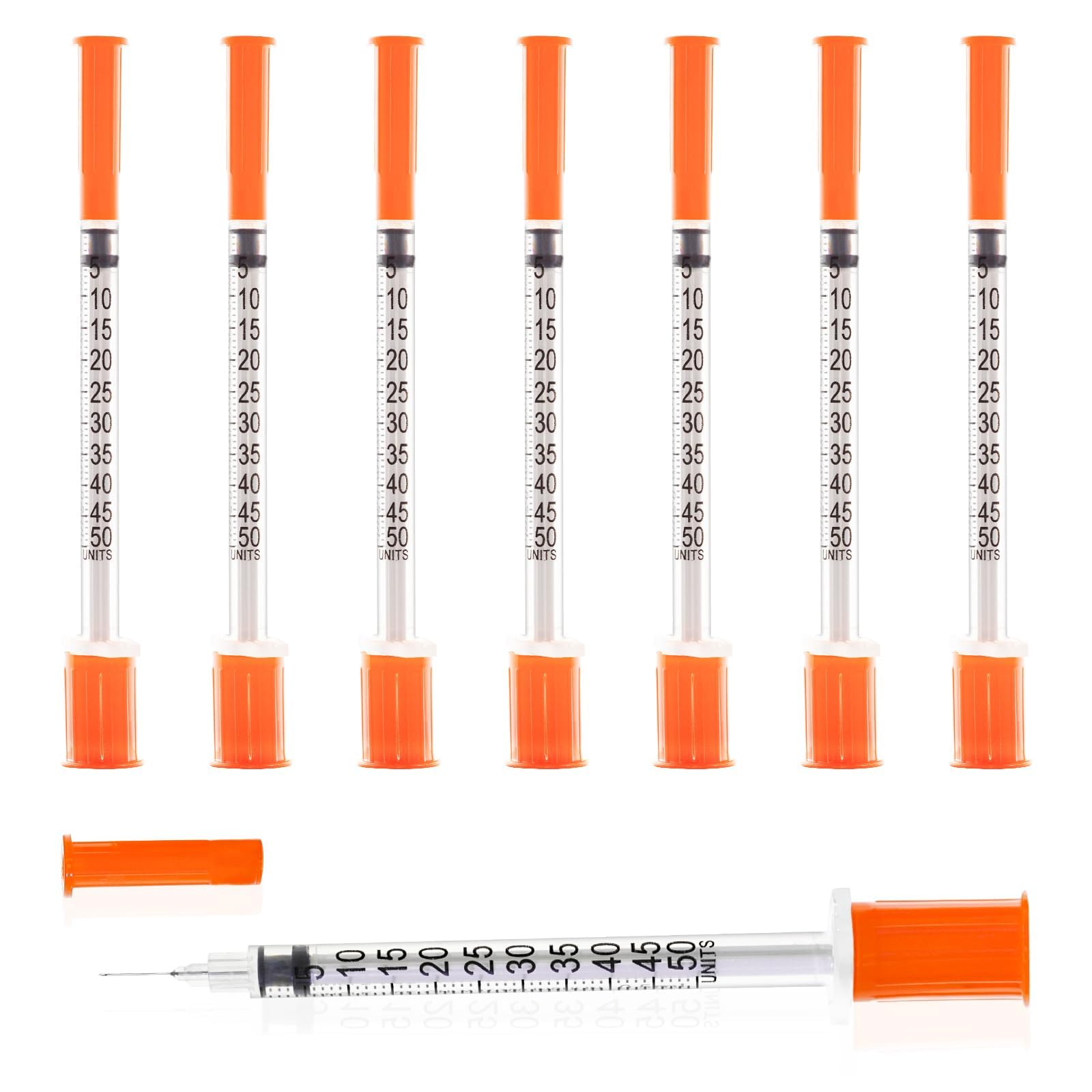 Searvgrh U-100 syringe needle close-up in blister shows sharp, precise insertion.