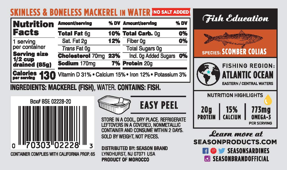 Season Mackerel in Water no salt added can, ideal for light seasoning.