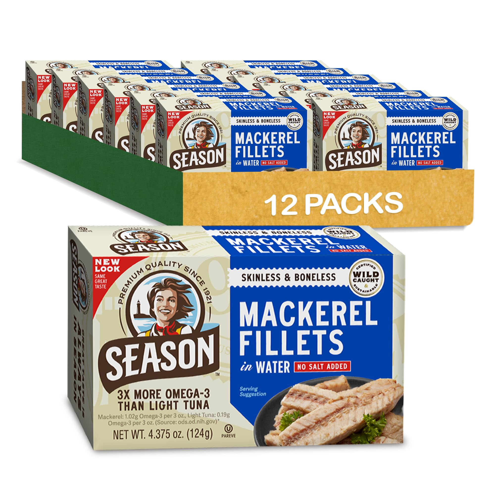 Season Mackerel in Water skinless boneless fillets, convenient protein source.