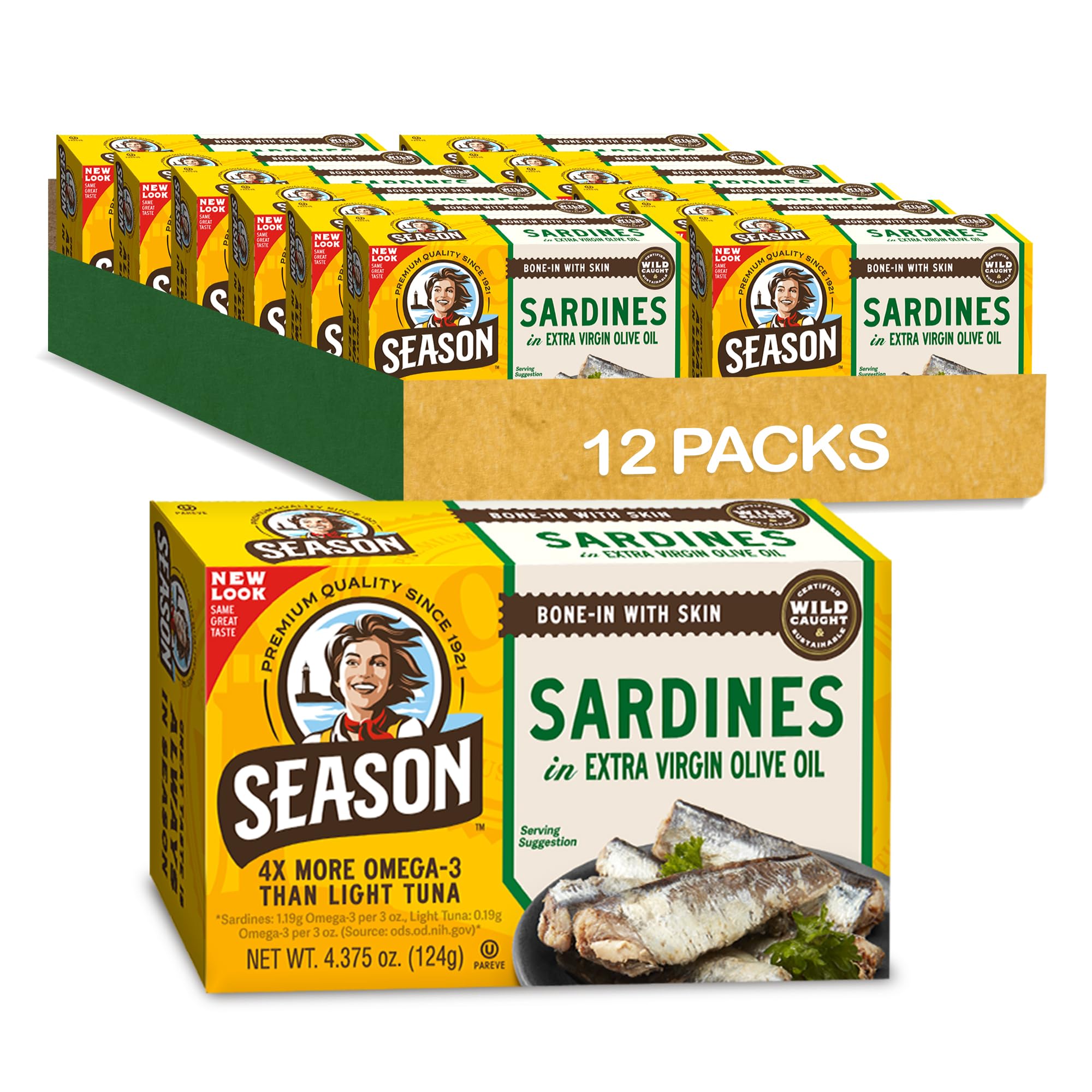 Season Sardines in EVOO front tin, protein-packed snack ready to enjoy