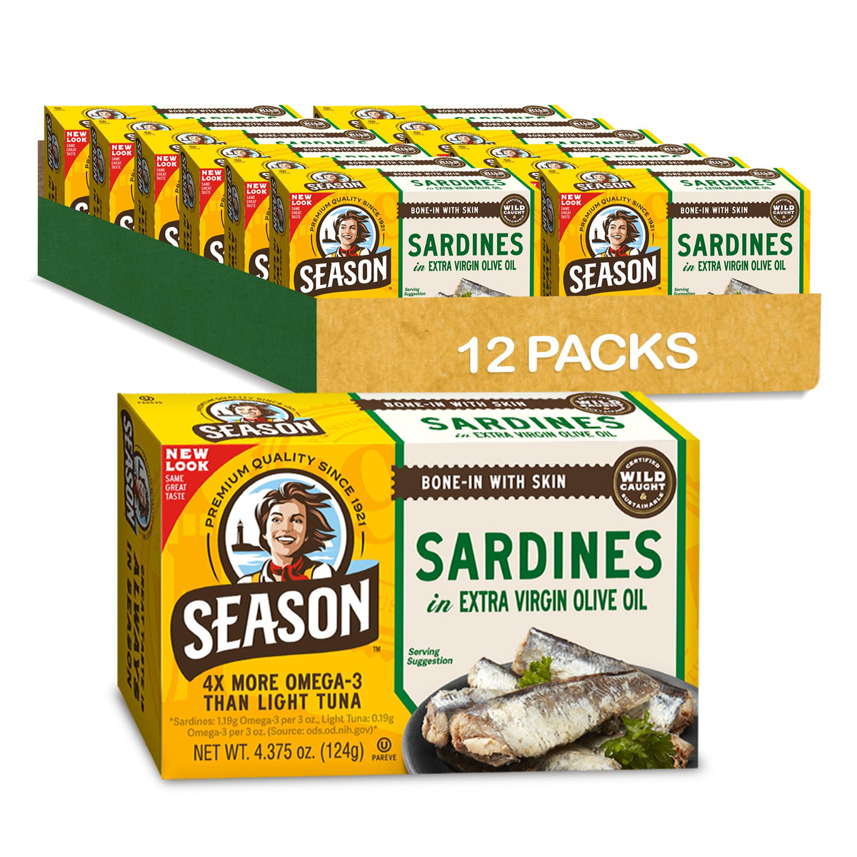 Season Sardines in EVOO front tin, protein-packed snack ready to enjoy
