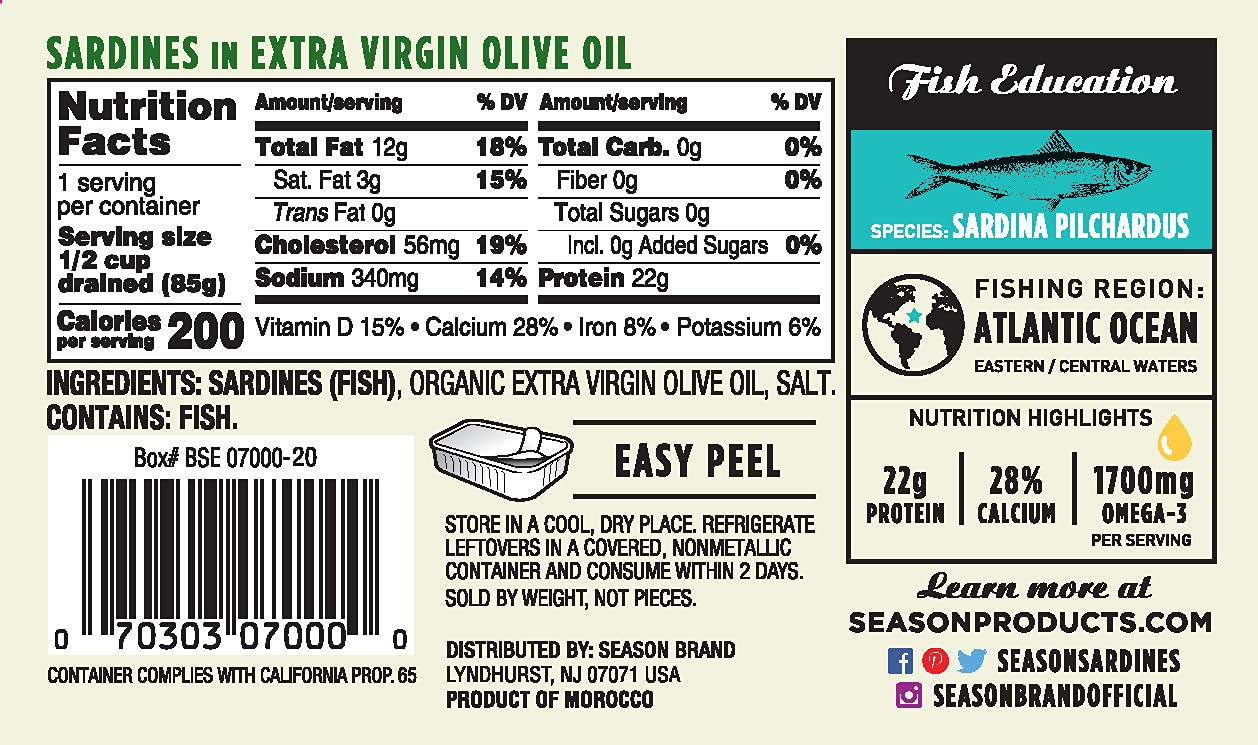 Season Sardines EVOO tin side view, convenient pantry staple for meals
