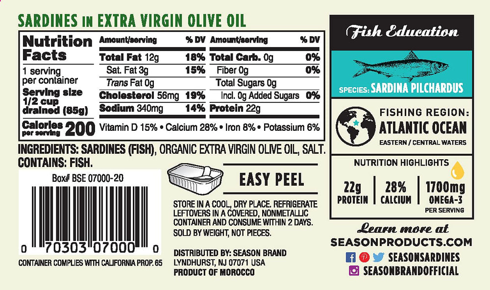 Season Sardines EVOO tin side view, convenient pantry staple for meals