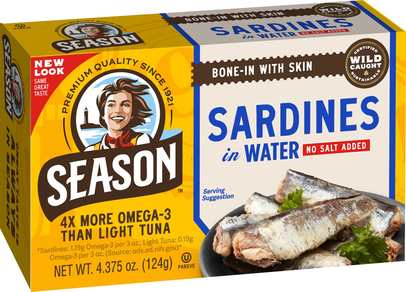 Season Sardines omega-3 rich can label on the container.