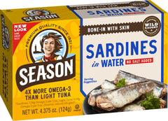 Season Sardines omega-3 rich can label on the container.