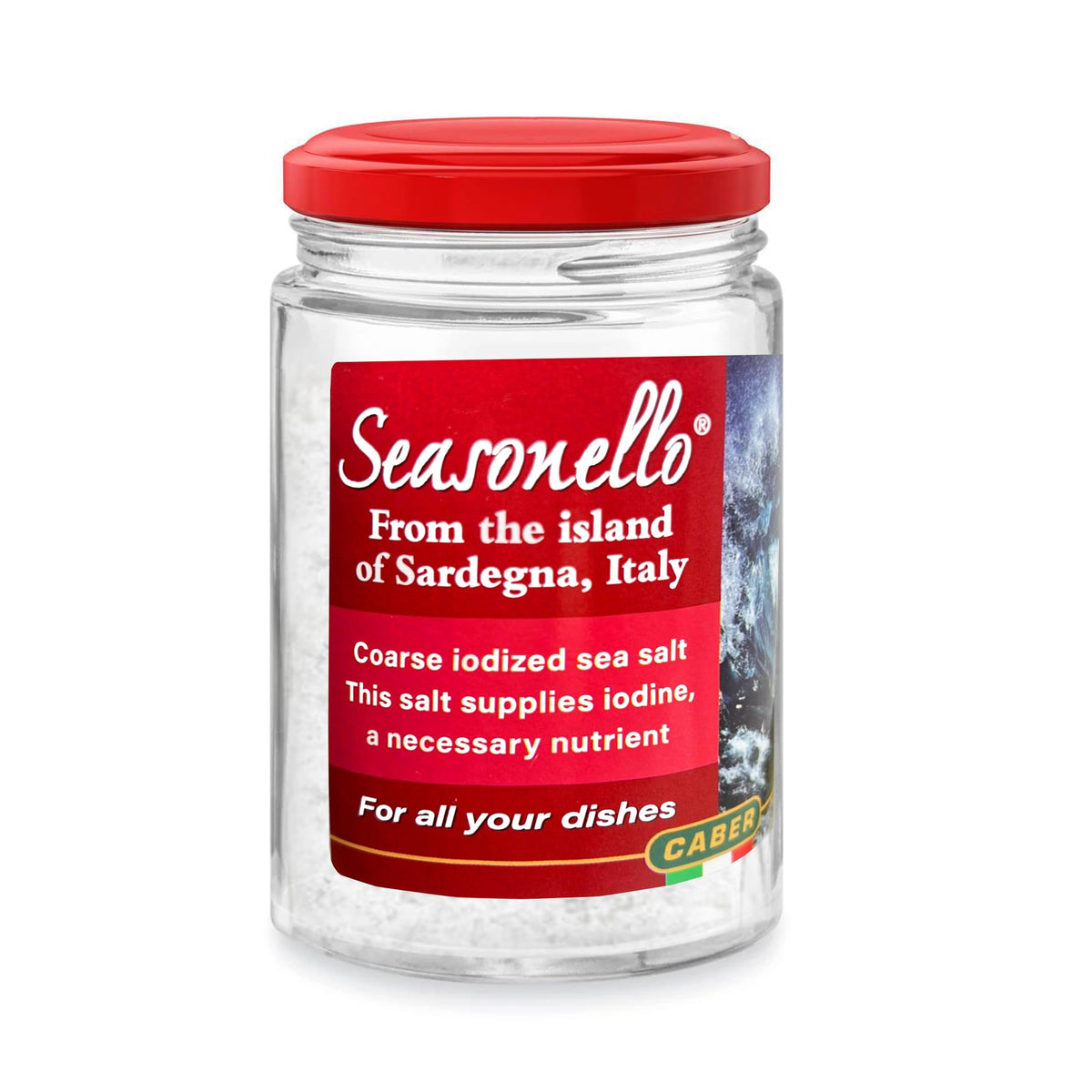 Seasonello iodine-enriched coarse sea salt jar shows coarse crystals ideal for seasoning