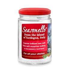 Seasonello iodine-enriched coarse sea salt jar shows coarse crystals ideal for seasoning