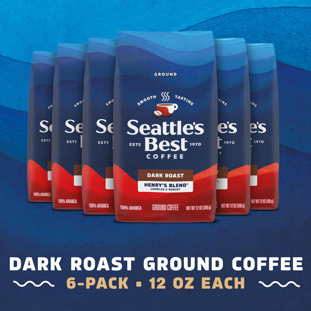 Henry's Blend 6x12 oz bags on pantry shelf for everyday brews