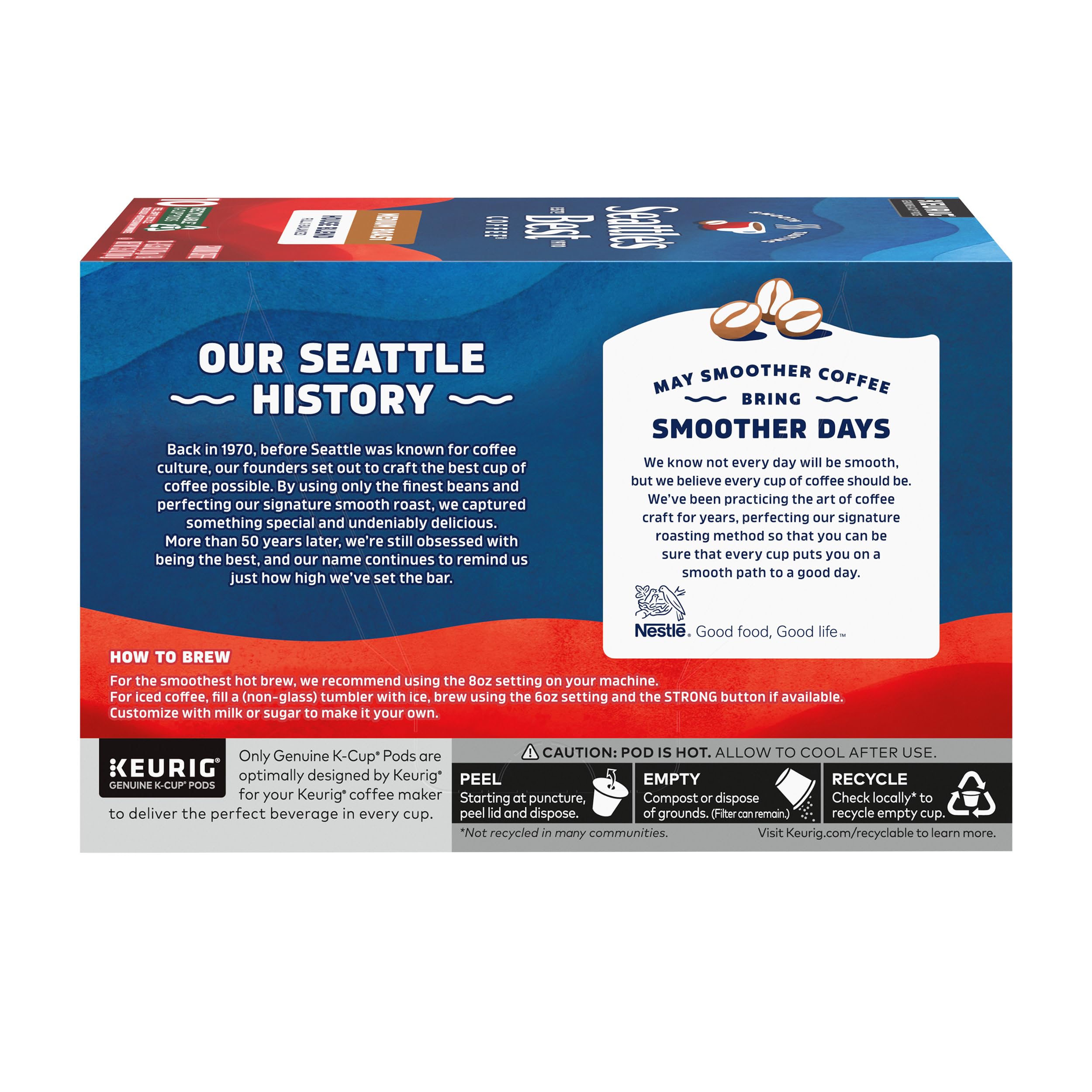 Updated packaging labels from Seattle's Best, preserving café-quality home brewing.