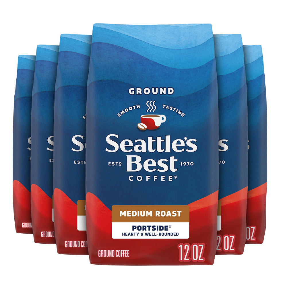 Seattle's Best Portside packaging closeup, highlighting smooth roast for a morning boost.