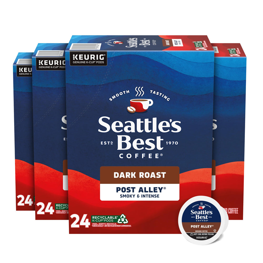 Seattle's Best Post Alley dark roast cup shows smooth, bold coffee.