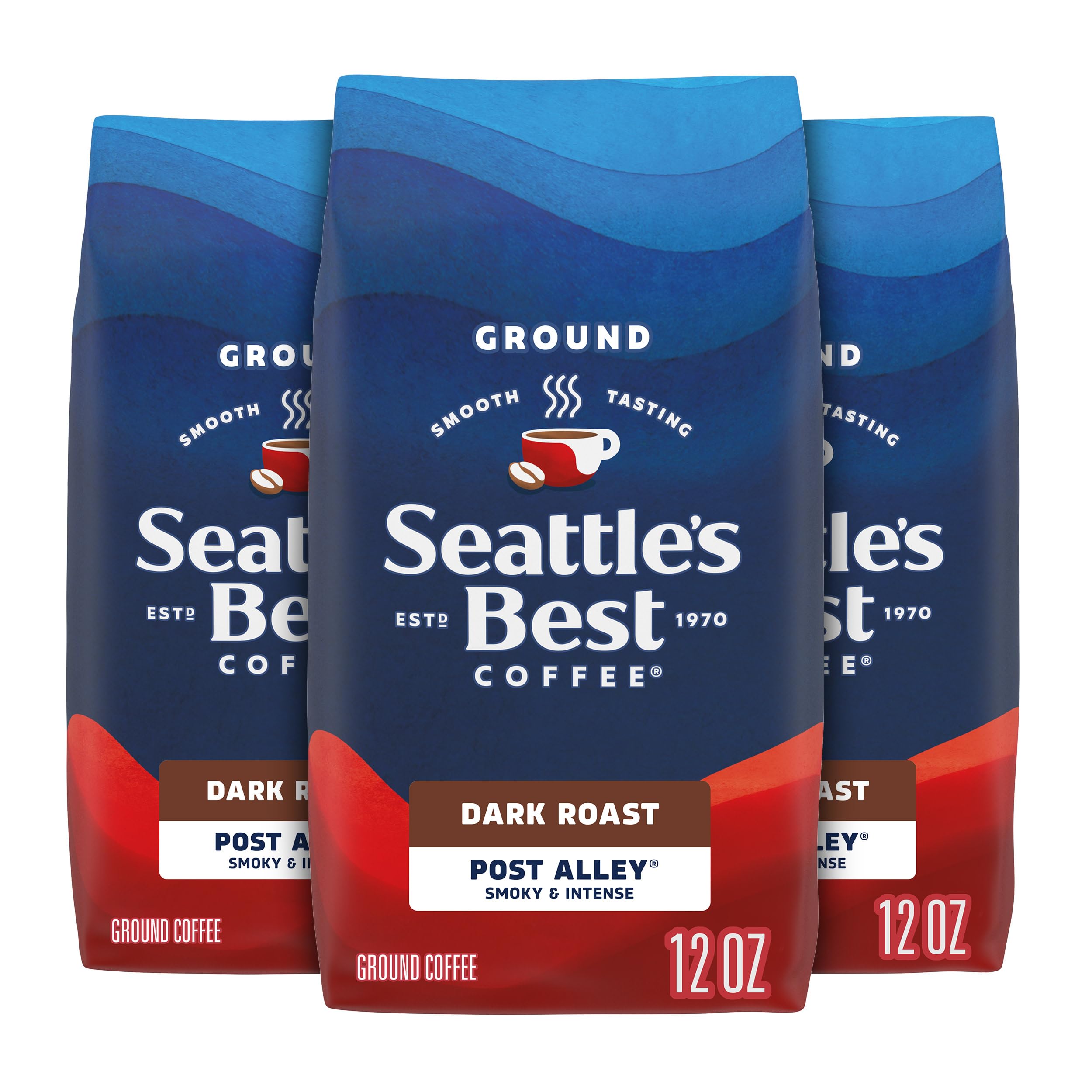 Seattle's Best Coffee Post Alley dark roast ground coffee 3-bag pack for bold mornings.