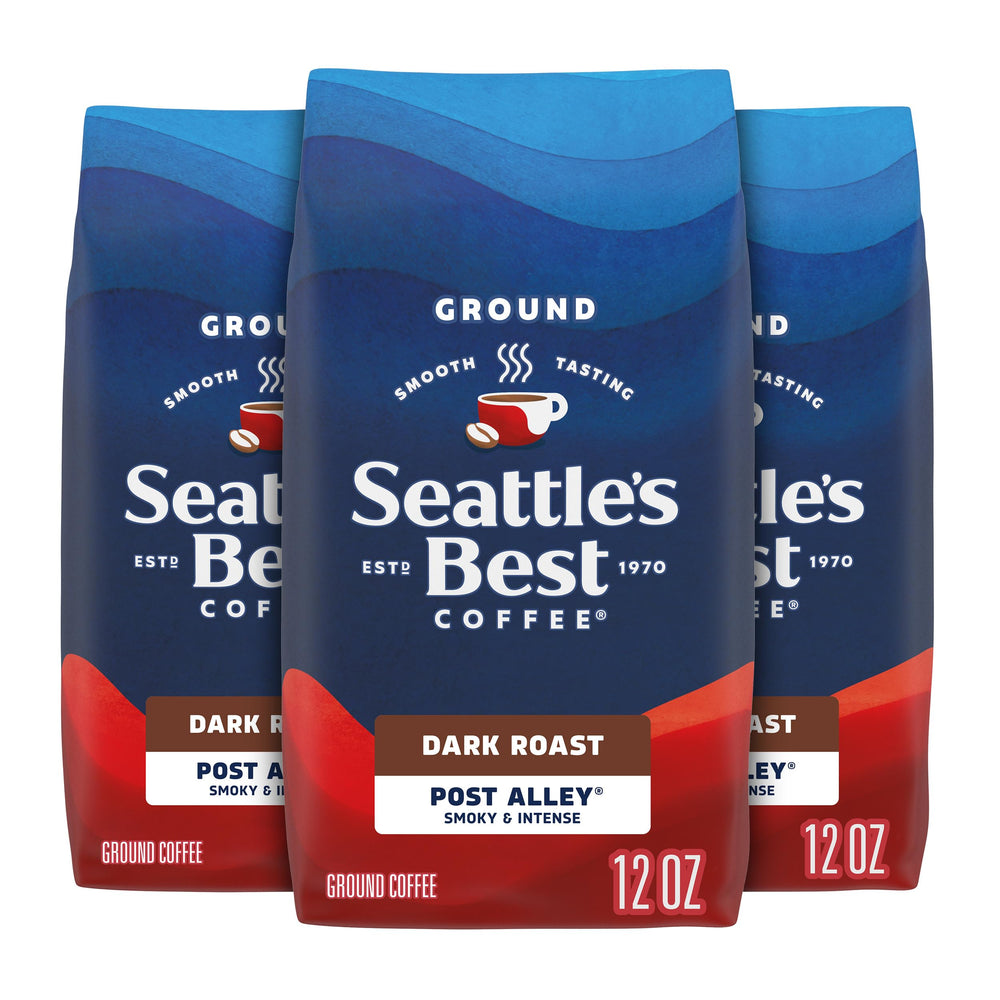 Seattle's Best Coffee Post Alley dark roast ground coffee 3-bag pack for bold mornings.