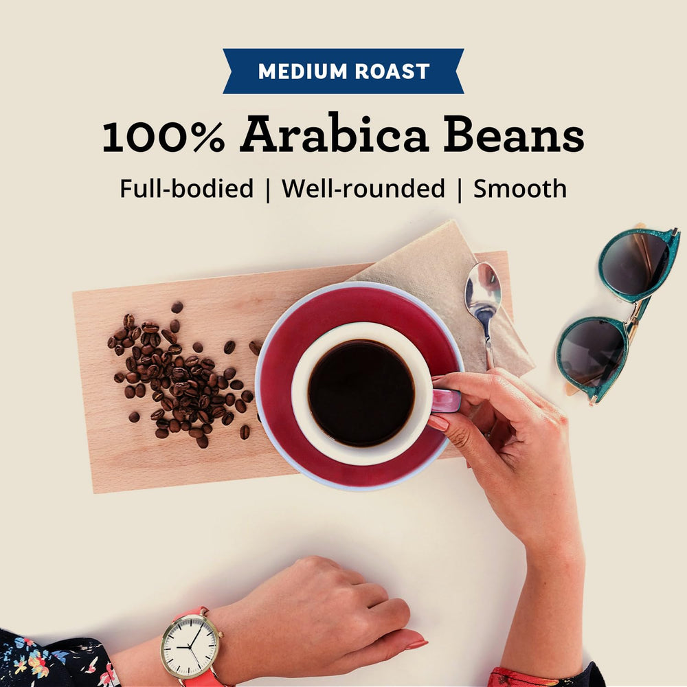 Six-pack packaging keeps coffee fresh in your pantry.