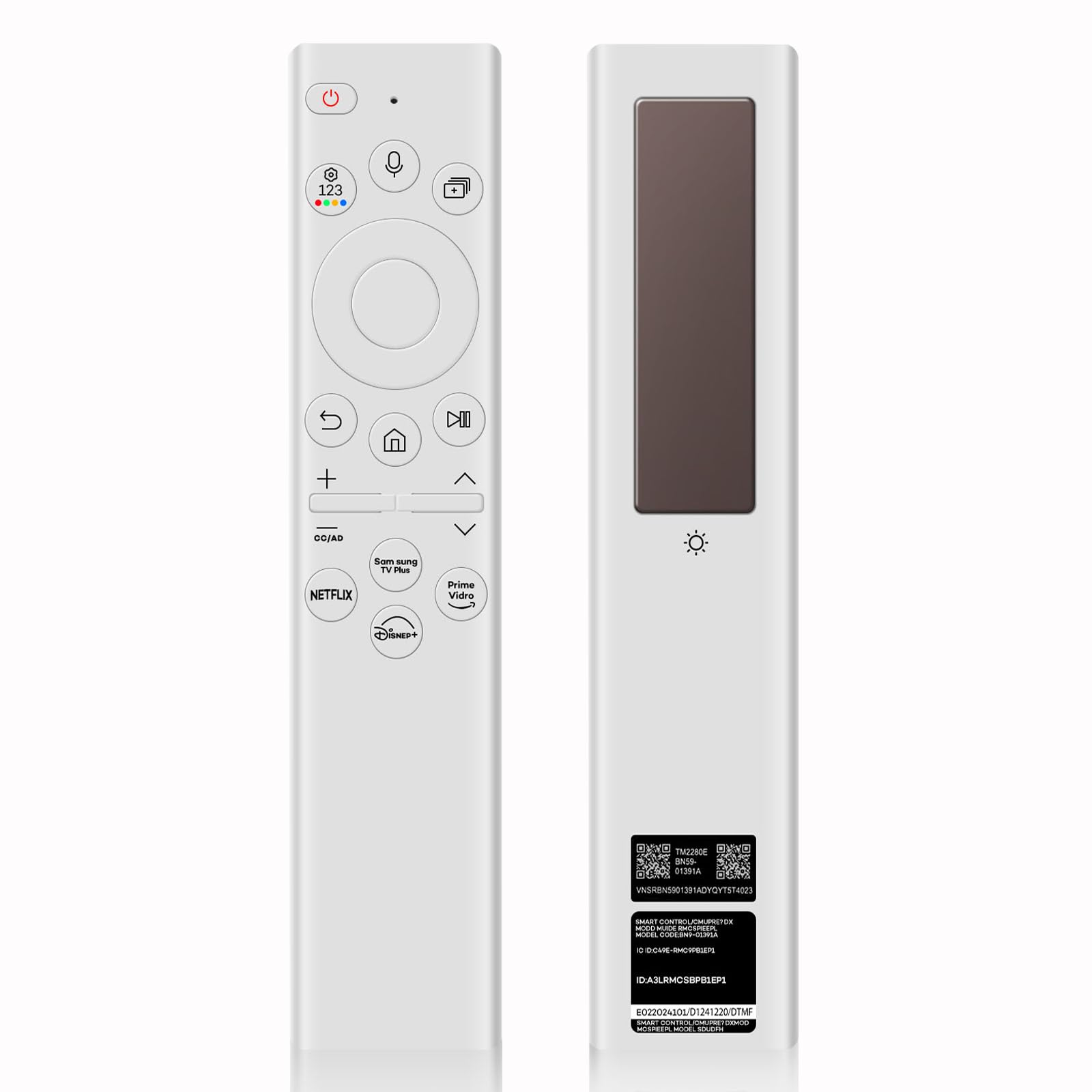 Seayoo BN59-01391A solar remote front view highlighting eco-friendly charging and controls.