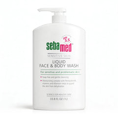SEBAMED sensitive skin wash bottle pouring, gentle cleanse for face and body.