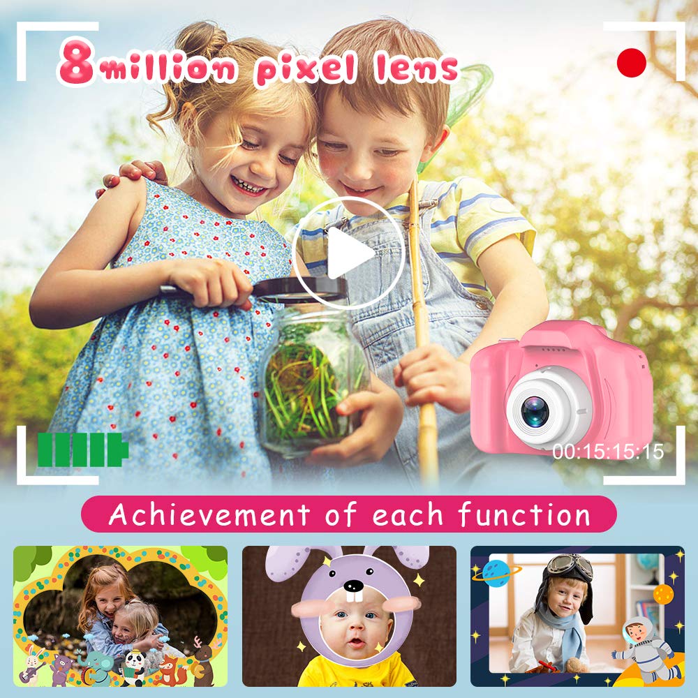 Seckton Upgrade Kids Selfie Camera packaged with SD card for instant storage.