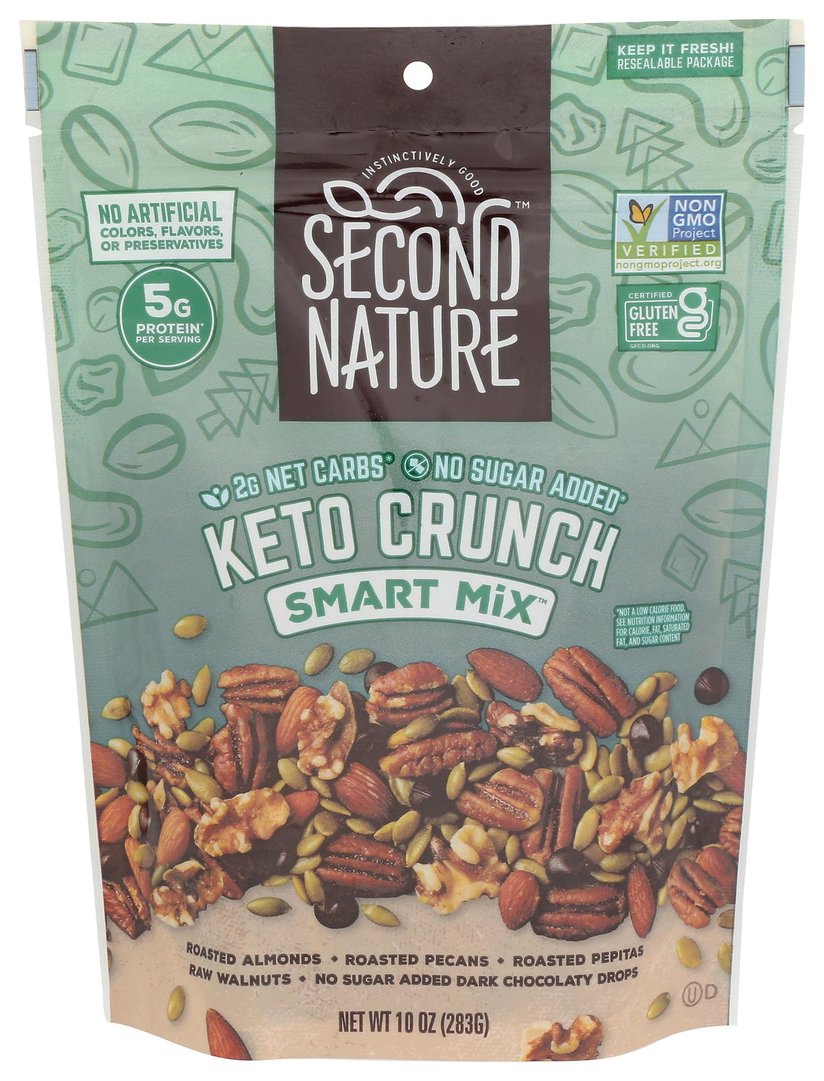 Second Nature Keto Crunch packaging featuring resealable pouch for convenient snacking.