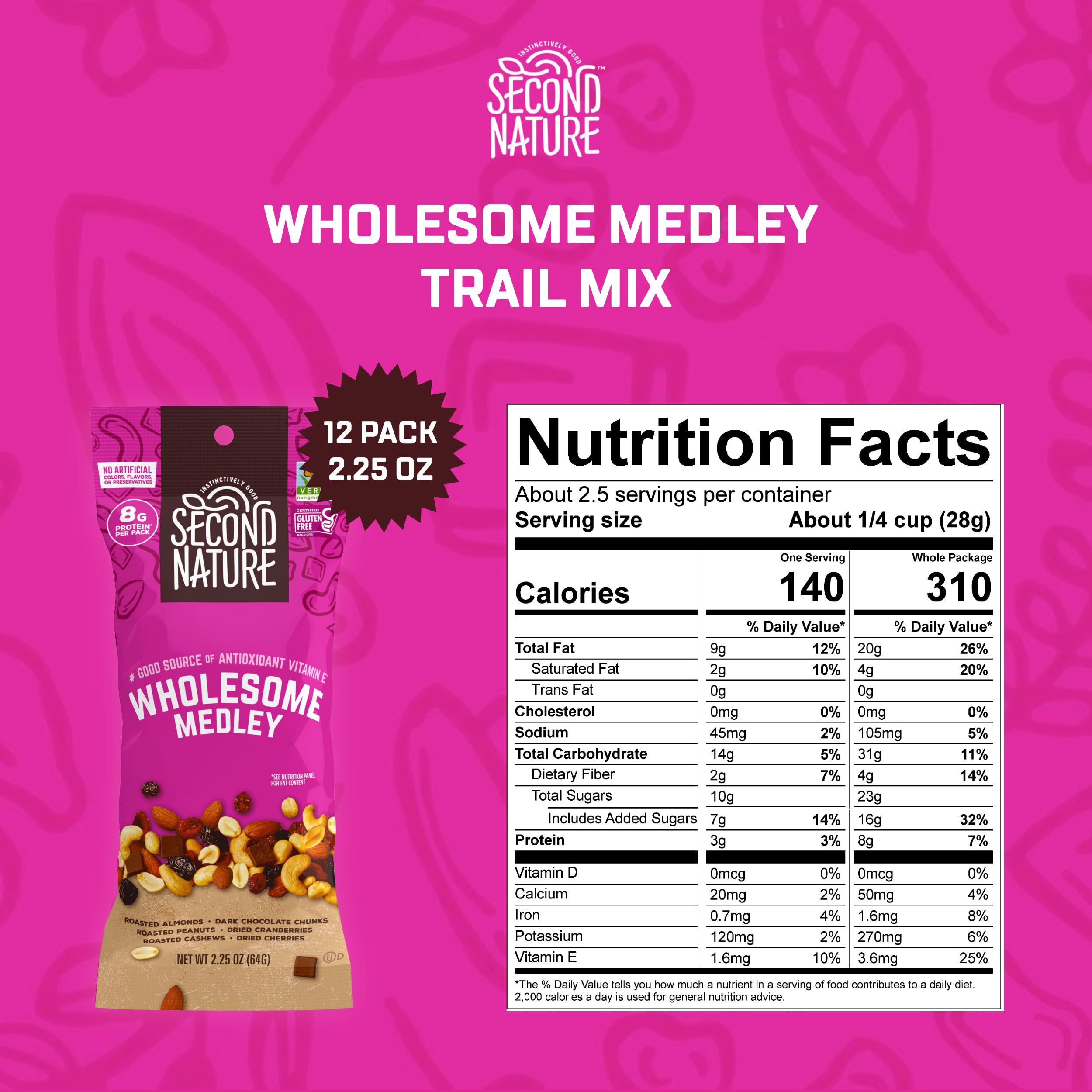 Second Nature Wholesome Medley Trail Mix almonds and cherries close-up for energy on the go.