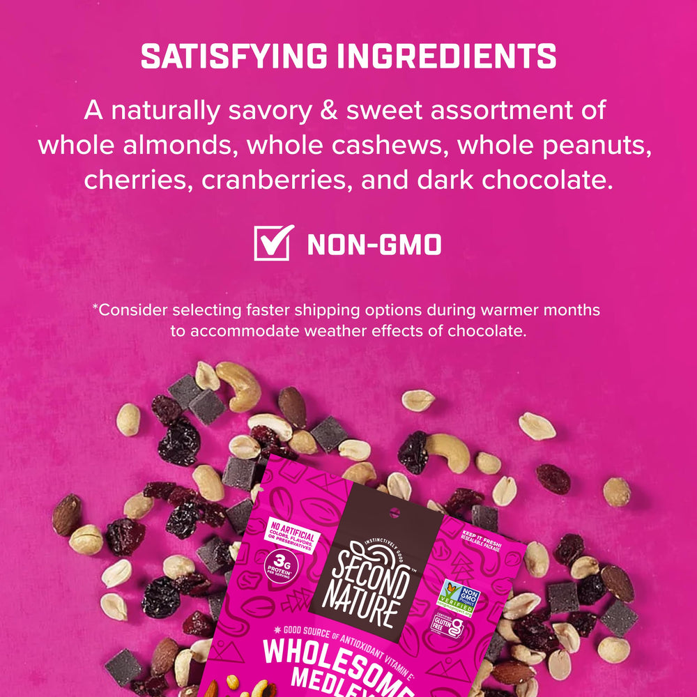 Second Nature Wholesome Medley Trail Mix dark chocolate chips close-up for flavor depth.