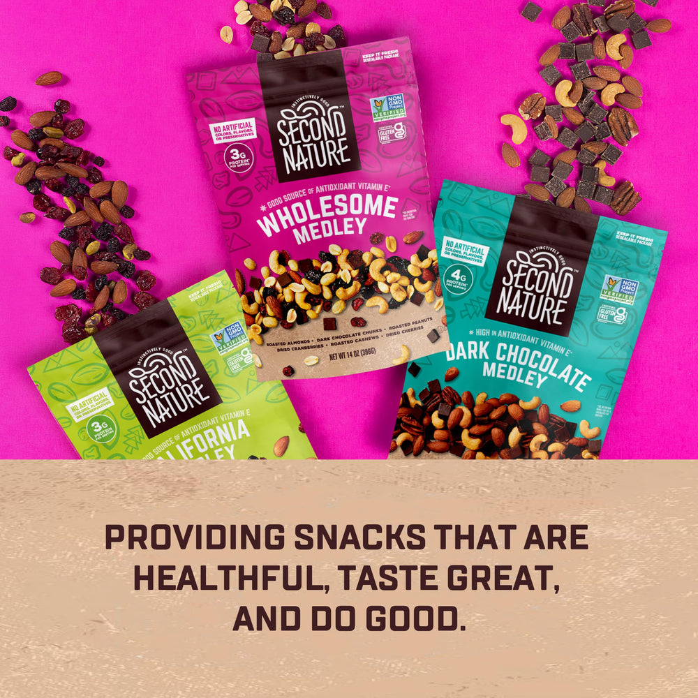 Second Nature Wholesome Medley Trail Mix packaging highlight for busy days.
