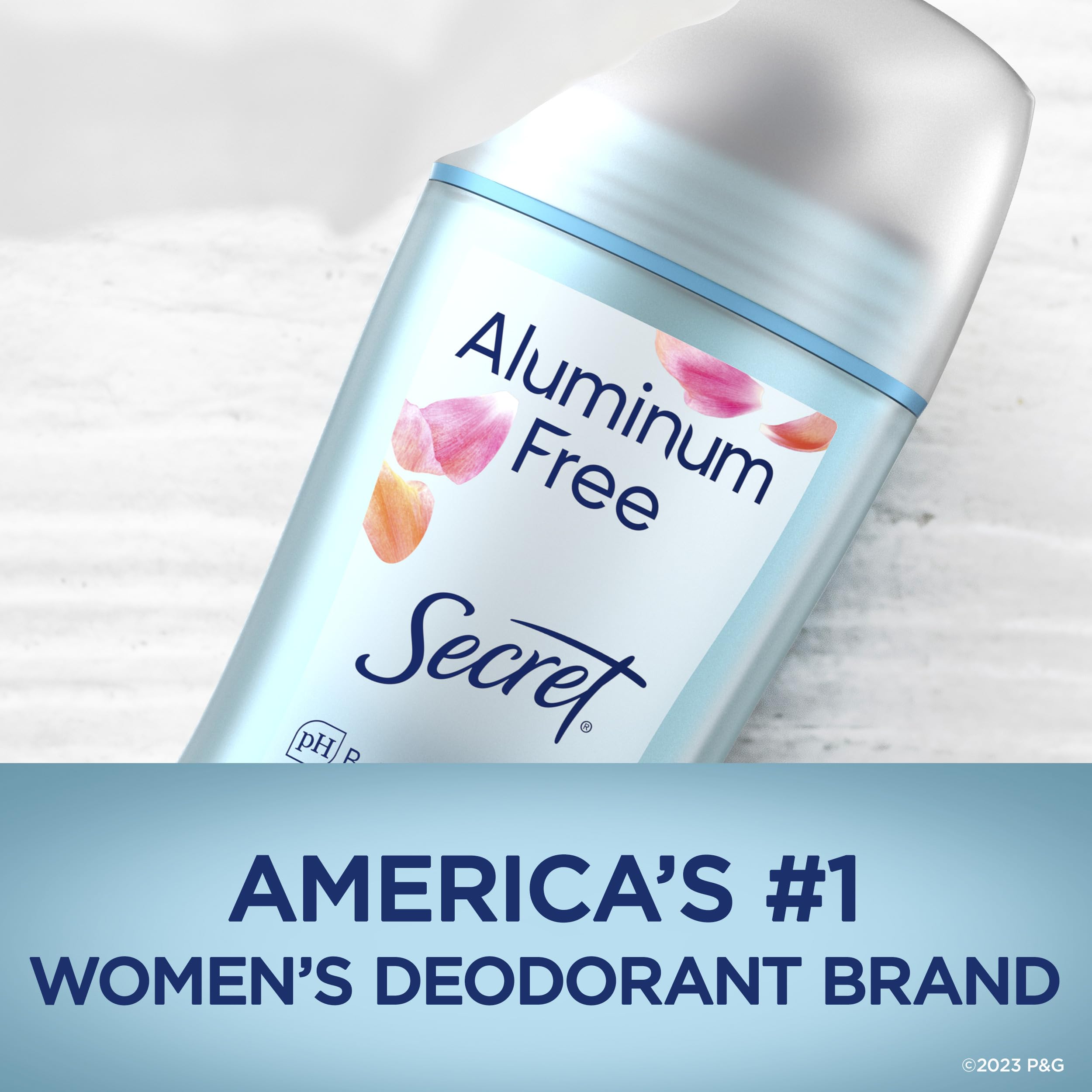 Secret packaging highlights paraben-free, dye-free formula for everyday use.