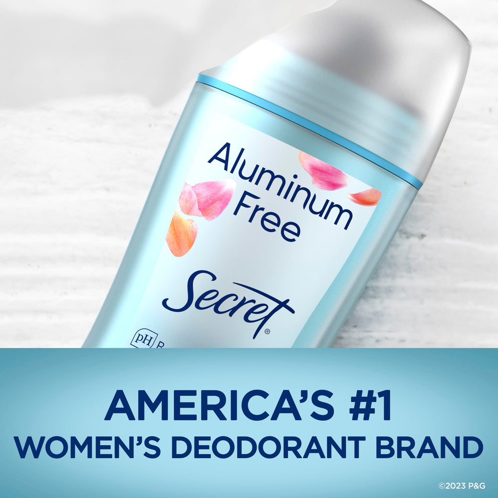 Secret packaging highlights paraben-free, dye-free formula for everyday use.