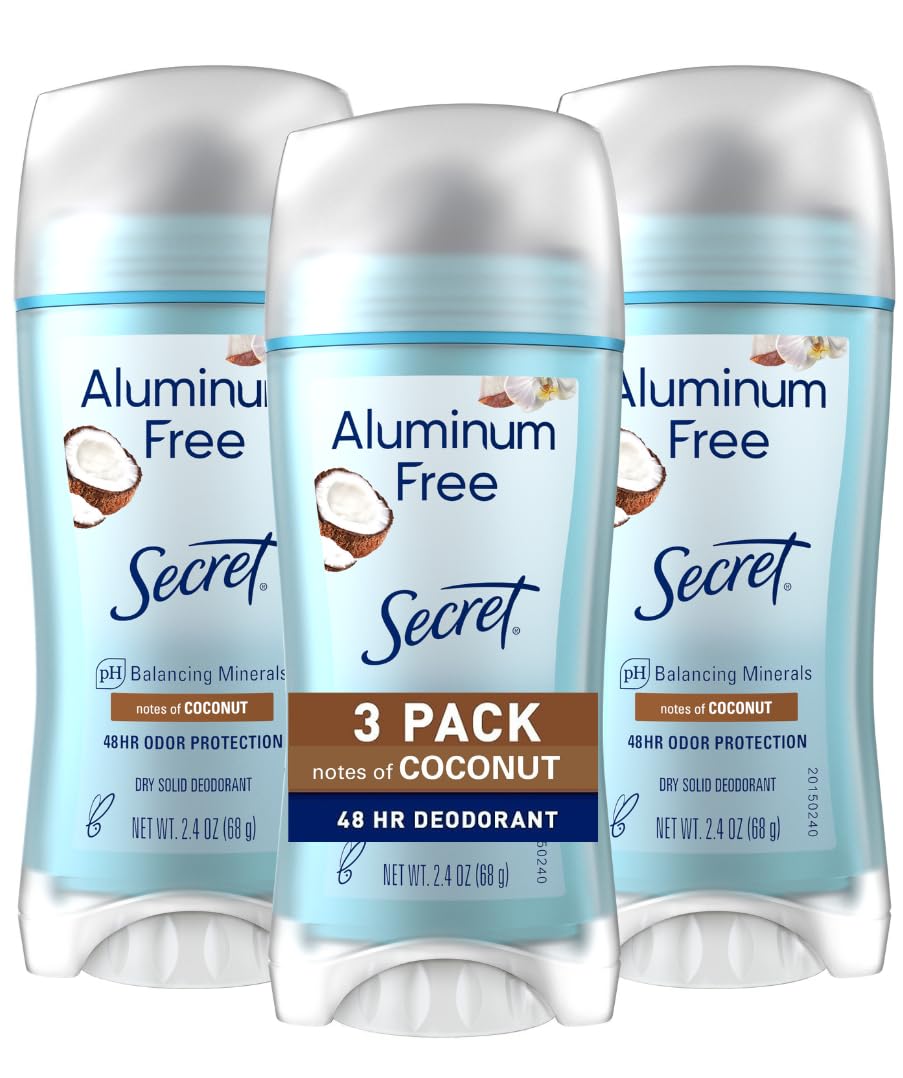Secret aluminum-free deodorant bottle front showing aluminum-free protection for daily wear