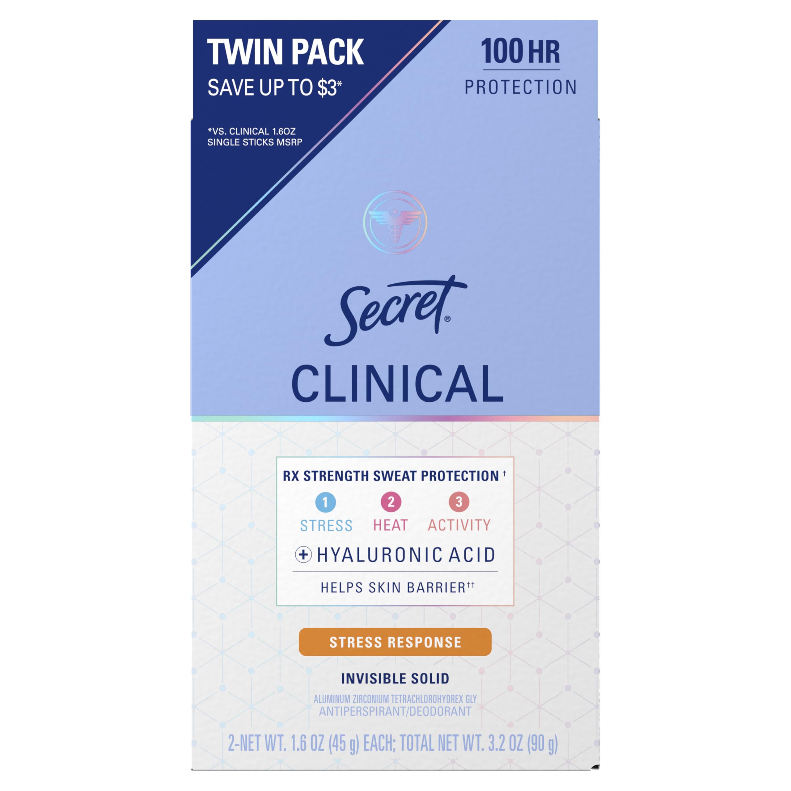 Secret Clinical Strength antiperspirant stick 2-pack with lasting protection.