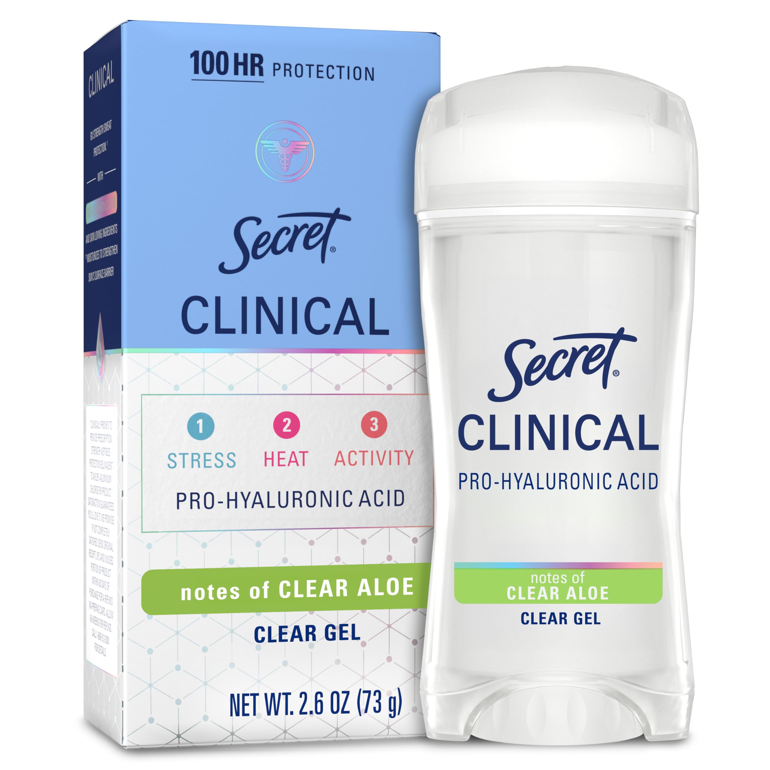 Secret clinical-strength bottle front view with clear gel protection for all-day dryness