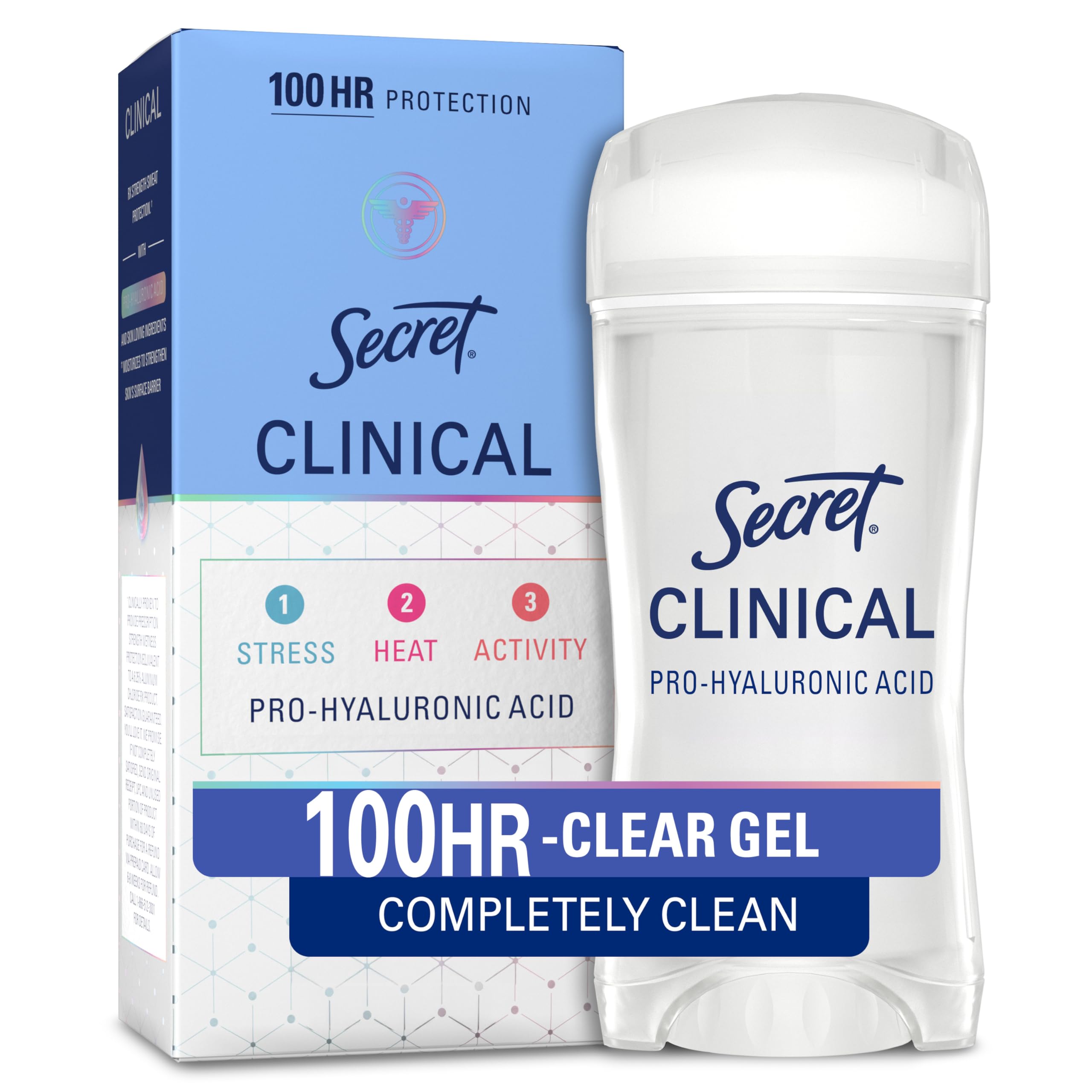 Secret Clinical Strength bottle showing clear gel formula for all-day dryness