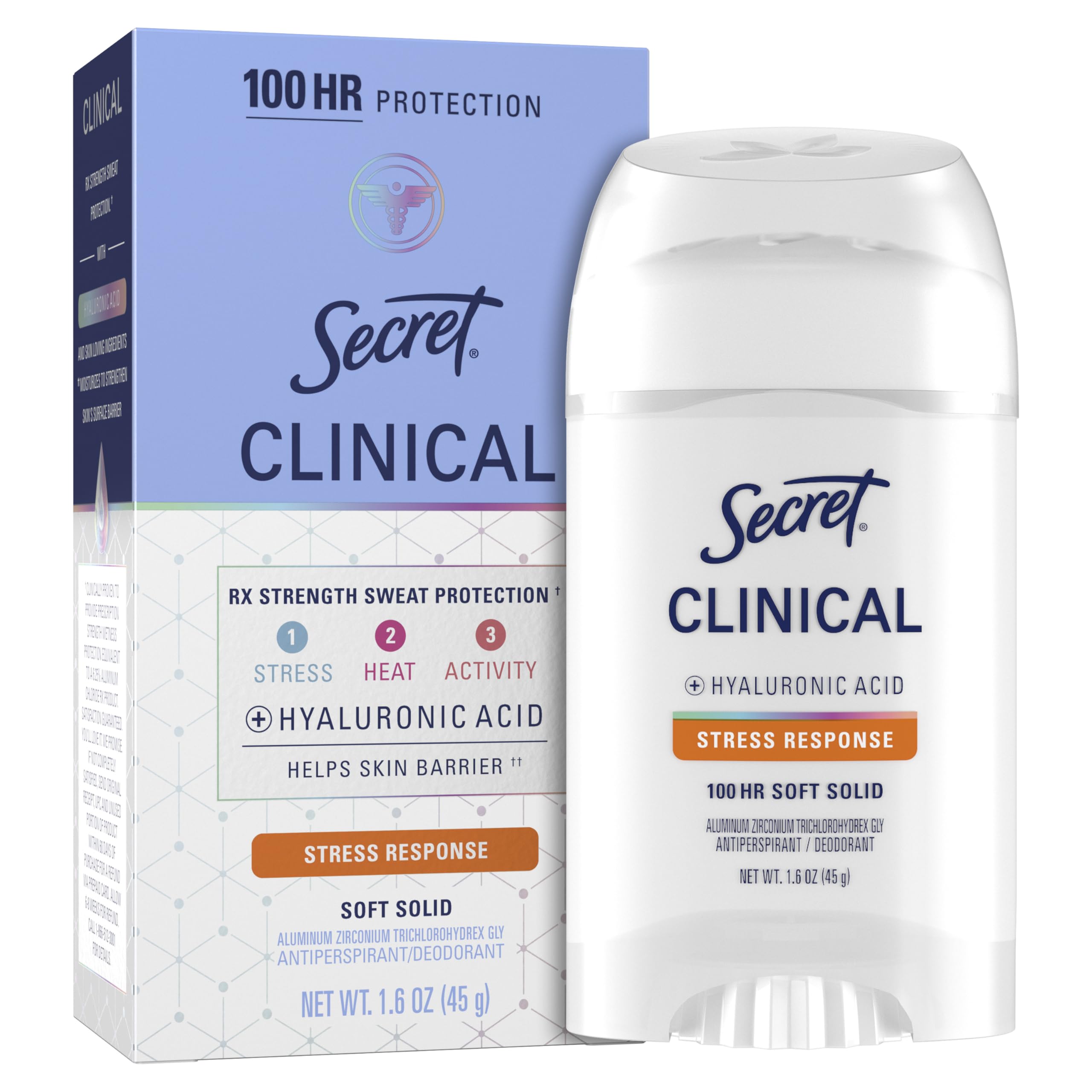 Secret Clinical Strength deodorant bottle front displays trusted protection for stress and heat.